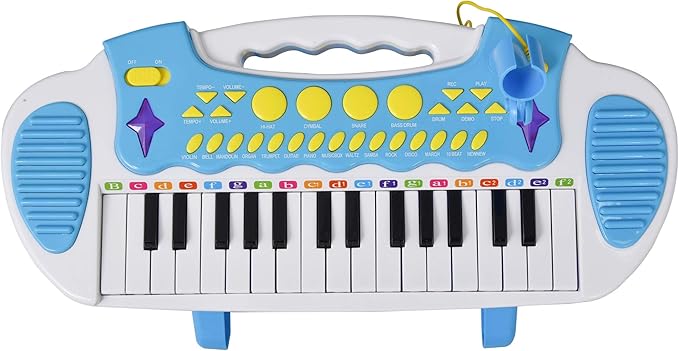 Qaba 31-Key Kids Toy Keyboard Piano, Electronic Musical Instrument with Multiple Sounds, Stool, Microphone and Bright Flashing Lights, Blue