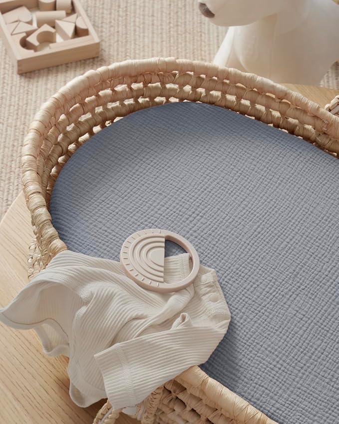 Blissful Diary Muslin Bassinet Sheets for Baby Girls Boys, Boho Soft Cotton Fitted for Oval Hourglass Rectangle Mattress, 2 Pack(Light Blue&Grey)