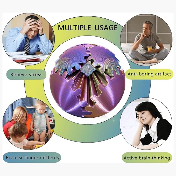 Gear Ball, 4.2in 3D Printed Gear Ball Spin Ball Cube Fidget Toys, Gear Sphere, Gear Ball Fidget Toy, Stress Ball, GearSphere Desk Toy, Fidget Balls, Gear Toy for Anxiety Relaxing (Laser Purple Blue)