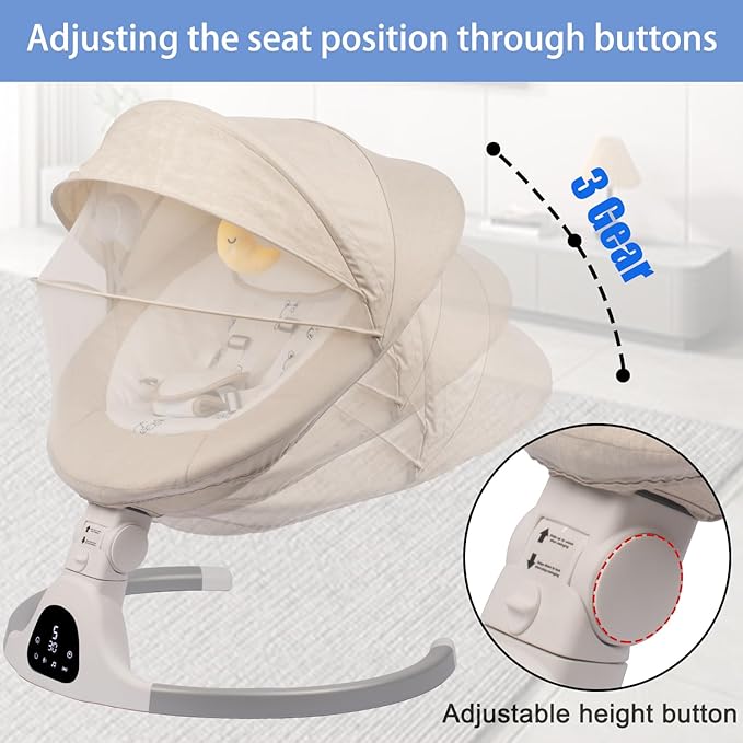 Baby Swing for Infants to Toddler Portable Babies Swing Timing Function 5 Swing Speeds Bluetooth Touch Screen Music Speaker with 10 Preset Lullabies 5-Point Carabiner (Ivory White)