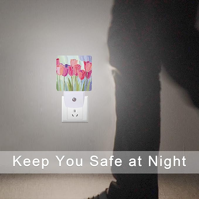 Pink Tulip Flowers Night Light Plug-in LED Nightlights Auto Sensor Night Lamp Dusk-to-Dawn Lamp Home Decor for Nursery Children Girls Boys
