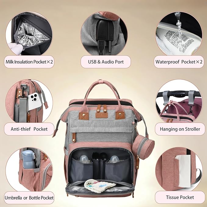 Diaper Bag Backpack, Multifunction Travel Baby Bag, Waterproof Tote Backpack with USB Port, Pacifier Case and Stroller Straps, Newborn Essentials for Moms Dads, Girls, Gray Pink