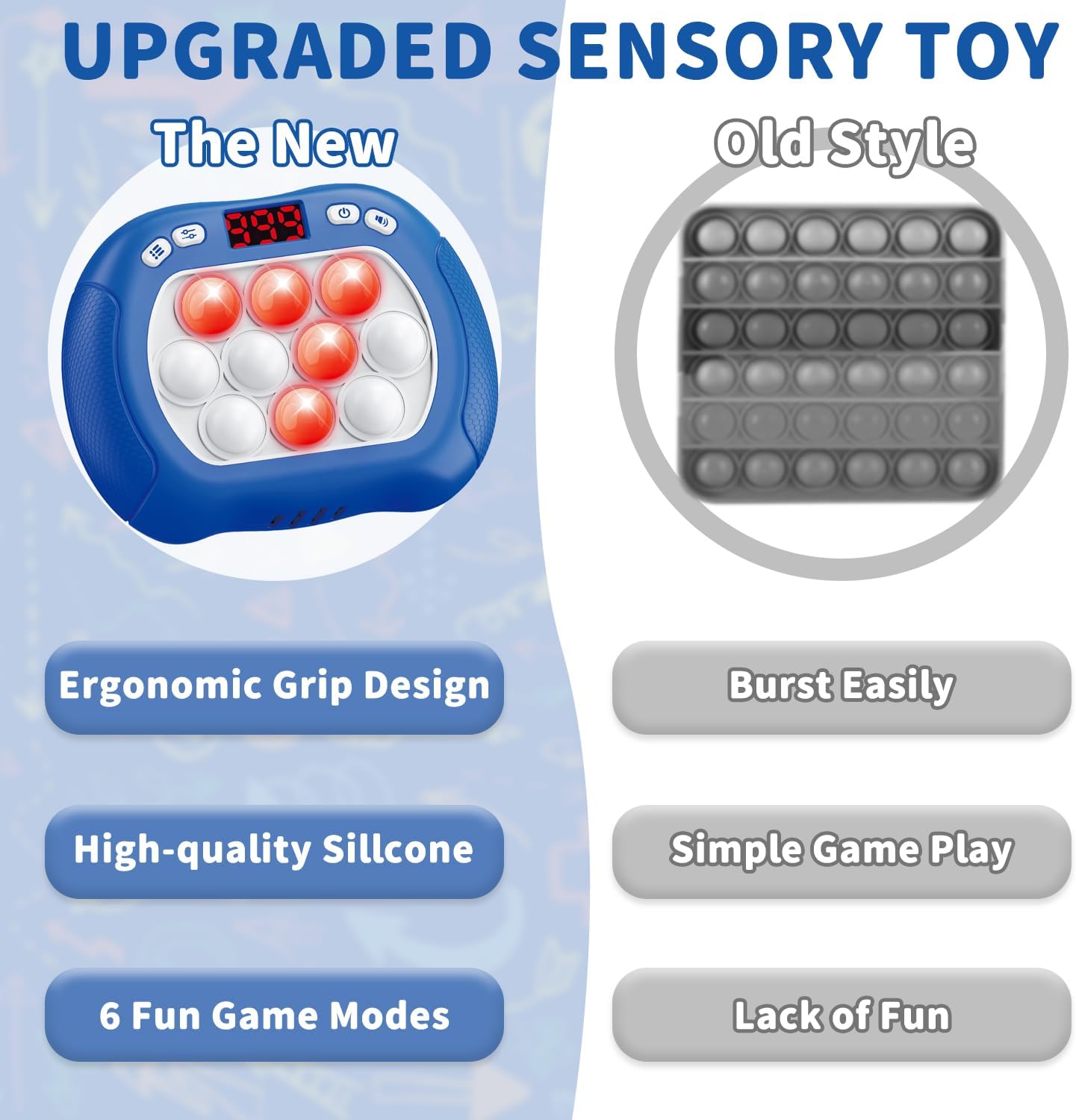 Pop Game Light Up Fidget Toy for Kids, 6 Modes LED Screen Quick Push Pop Game Controller Electric Fidget Popper Game Quick Push Bubble Game Birthday Toys for Kids Boys Blue