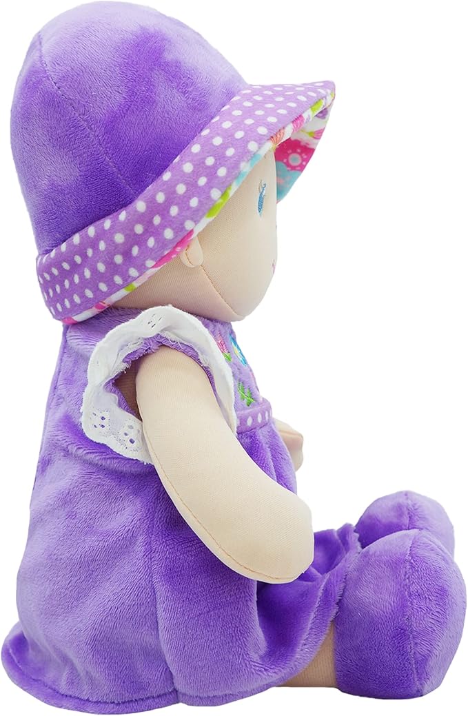 June Garden 12" Soft Dolly Laura - Stuffed Soft Baby Doll Gift for 1 2 3 Year Old Girls - Purple Dress