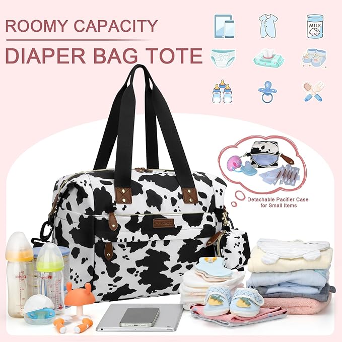 Diaper Bag Tote - Diaper Baby Bags with Pacifier Case, Shoulder Straps, Stroller Clips, Waterproof Large Mommy Maternity Bag Travel Baby Bag for Mom and Dad, Cowprint, Medium