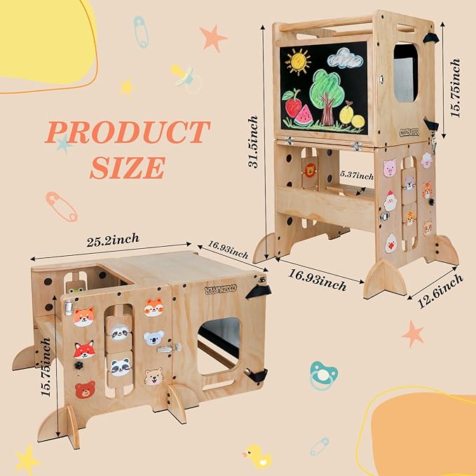 Toddler Kitchen Stool Helper, CPC Certified Foldable Toddler Tower, Learning Wooden Tower with Support Feet and Chalkboard, Anti-Drop Structure, Safe Design for Kids, Natural