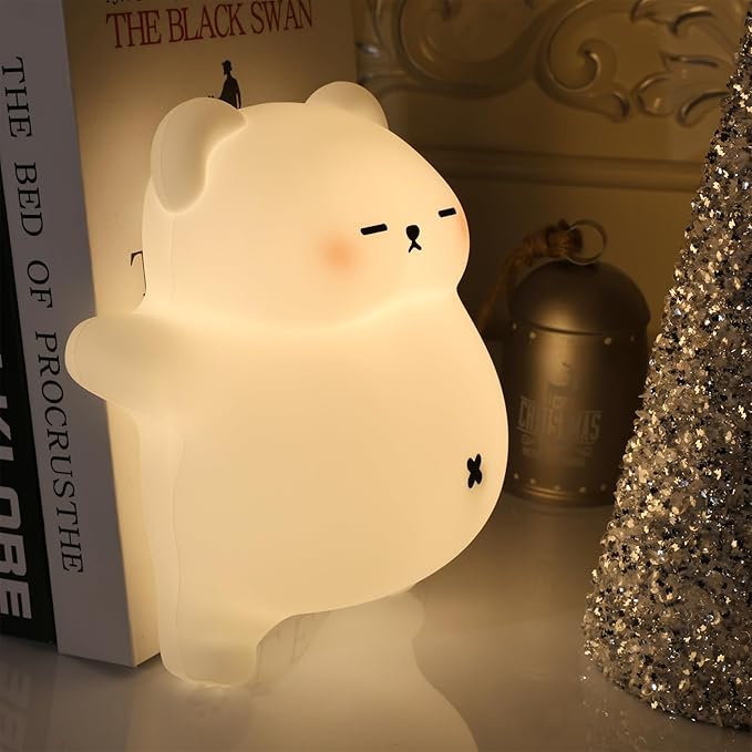 Squishy Night Light for Kids, Bear Silicone Night Light - Rechargeable with Soothing Snore Sounds & Moving Tummy, 3-Level Dimming Touch Control