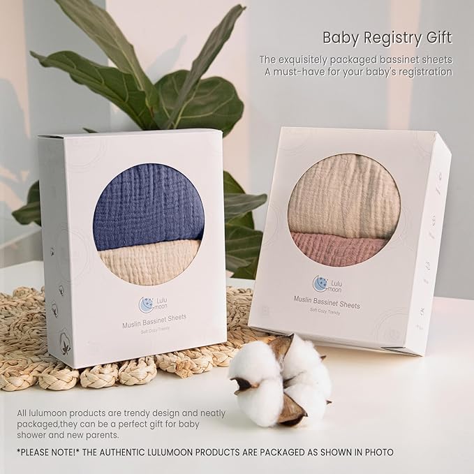 lulumoon Baby Muslin Bassinet Sheets: Cotton Bassinet Sheets Neutral for Boys and Girls - Fitted for Oval Rectangle or Hourglass (Navy & Cream, Standard Bassinet)