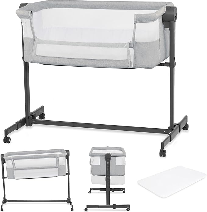 Kinderkraft Neste UP2 Bedside Cot 2 in 1, Co-Sleeper from Birth, Travel cot for Newborn, Adjustable Height, Included Mattress Sheet, with 4 Wheels, Breathable Mesh, Gray