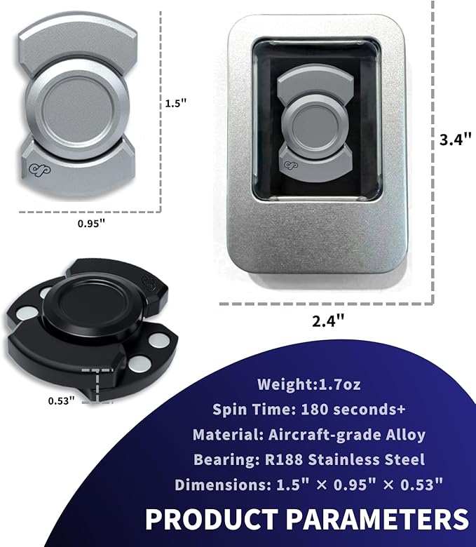 3-in-1 Alloy Fidget Toys Adults - Fidget Spinner,Clicker,Slider Modes,Ultra-Silent,High-Speed Rotation,3-Minute Spin Time,Compact Stress Relief Toy for Adult(Silver)