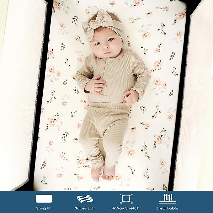 Stretchy Ultra Soft Jersey Knit Fitted Pack n Play Sheets Set 2 Pack, Portable/Mini Crib Sheets for Girls, Universal Fit for Pack N Plays Safe and Snug, Pink Rose Print