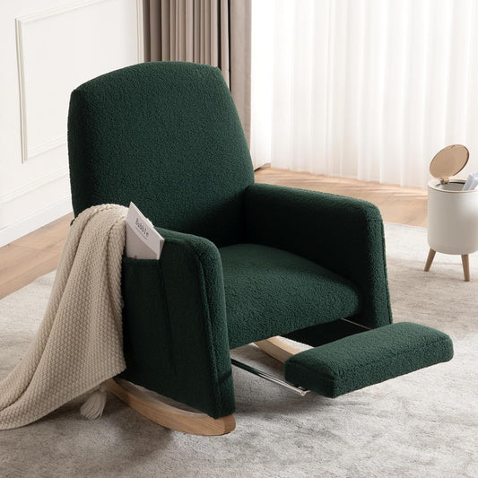 FOXHUNTER Rocking Chair Nursery with Adjustable Footrest and High Backrest, Upholstered Glider Chairs with Side Pockets for Nursery, Rocker Armchair Indoor for Living Room,Green