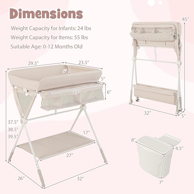 BABY JOY Portable Baby Changing Table, Foldable Diaper Changing Station with Wheels, Adjustable Height, Large Storage Rack, Trash Can, Mobile Nursery Organizer for Newborn Infant (Beige)