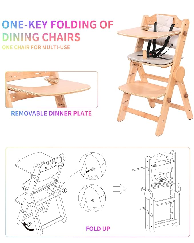 Toddler High Chair Wooden, Baby Highchair with Adjustable Tray and Foot Rest, Folding Wood High Chair for Dining, 6 Months up to 300 Lb