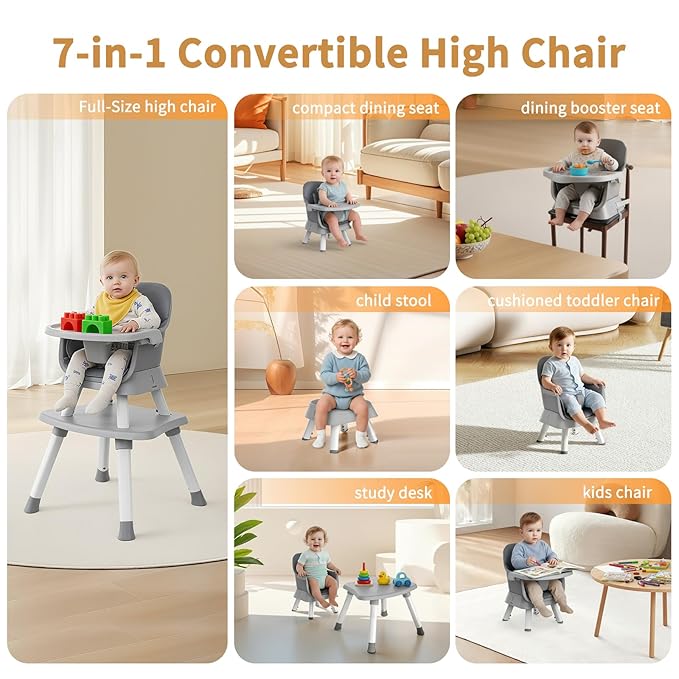 7 in 1 High Chair, Convertible High Chairs for Babies and Toddlers, Infant Dining Booster Seat, Table and Seat Set, Removable Tray, Gray