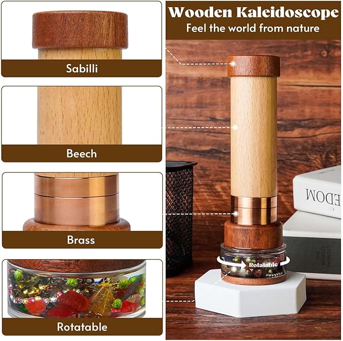 Growth Rings Wooden Kaleidoscope Full Screen Effect,6.5" Handmade Brass Rotatable Oil-Filled Core Box Nature Kaleidoscope Kit,Vintage Gift Box,Anniversary Birthday Gift for Man Woman