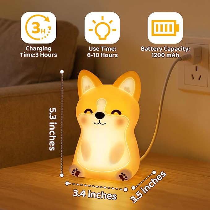 Mewaii Huggwaii Corgi Dog Night Light for Kids, 3 Brightness Levels Silicone Nursery Dog Lamp, 30 Min Timer&Rechargeable Cute Puppy Kids Night Light for Bedroom,Corgi Gifts for Boys,Baby Room Decor