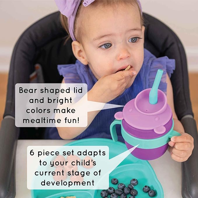Easy Learn Drink and Snack Set – Baby + Toddler Silicone Learning Cup & Snack Set, Training Cup for Straw and Open Cup Independence – Dishwasher Safe (Plum)