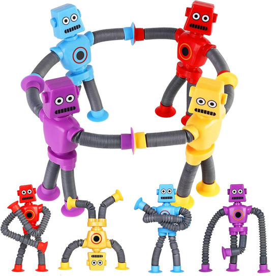 4 Pack LED Pop Tubes Robot Fidget Toys, Party Fvors Gifts for Kids, Telescopic Suction Cup Robot Fidget Toys for Kids, Birthday Gifts Treasure Box Toys for Kids Classroom