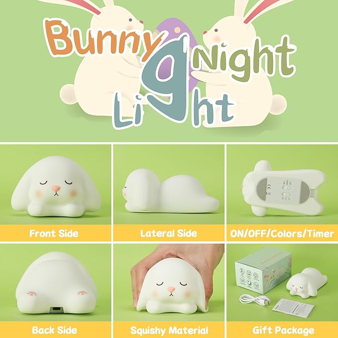 Tremdwoto Bunny Night Light for Kids - 16 Color Changing, Rechargeable Dimmable Nursery Lamp with 1/3 H Timer, Cute Animal Night Light for Baby Boys Girls, Kawaii Room Decor Gift