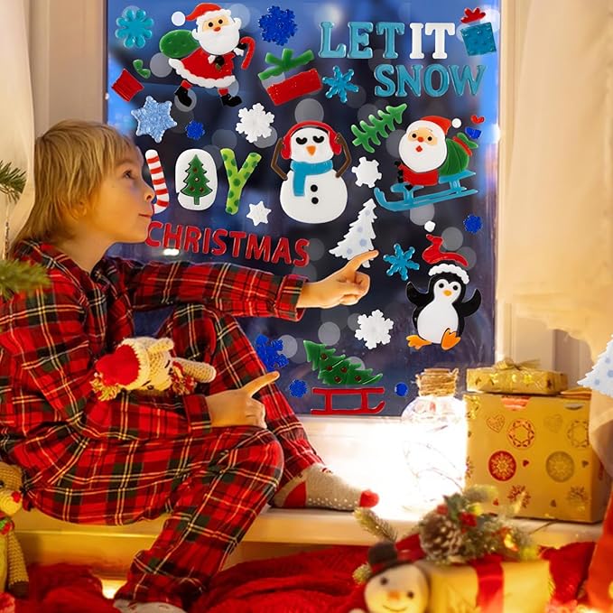 Christmas Window Clings Gel - 6 Sheets of Snowman, Blue Snowflakes, Penguin and Santa Claus, Winter & Holiday Designs for Glass Windows