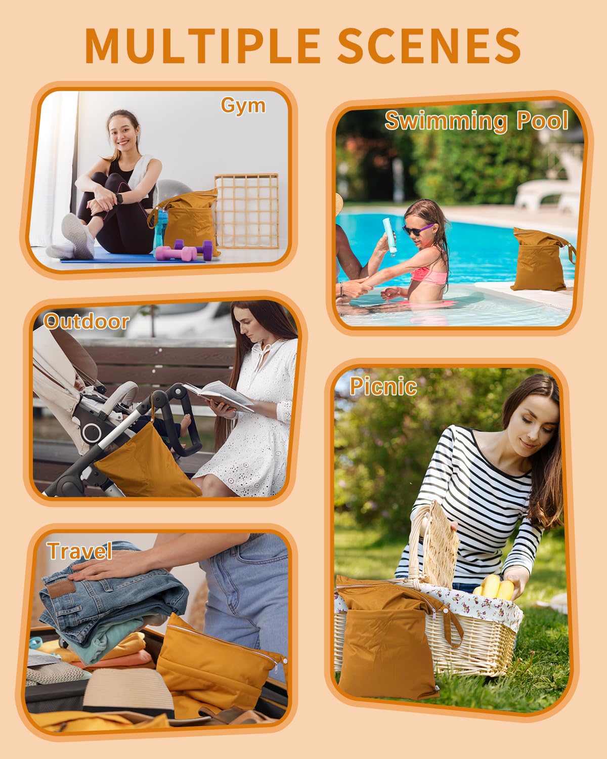 babygoal Wet Dry Bags for Baby Cloth Diapers, Washable Travel Bags, Beach, Pool, Gym Bag for Swimsuits & Wet Clothes with Two Zippered Pockets 3 Pack, 3LN20