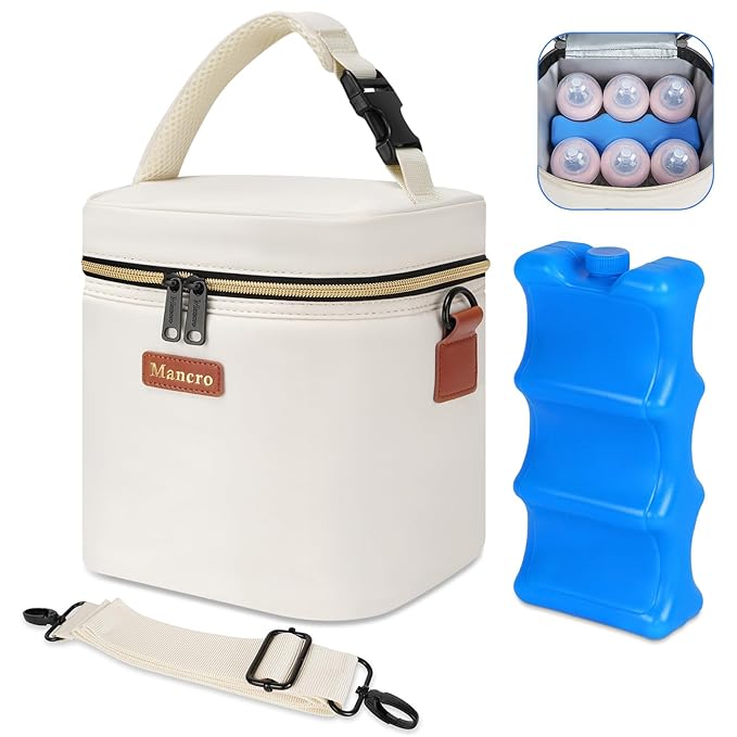 Mancro Breastmilk Cooler Bag with Ice Pack, Fits 6 Insulated Baby Bottles Up to 9 Ounce, Breast Milk Cooler for Nursing Mom (Cream)