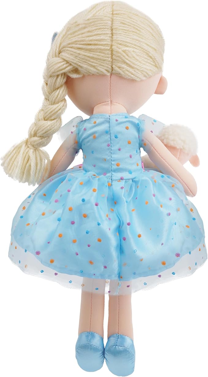 June Garden 15" Playmate Buddies Luna - Soft Plush Doll with Her Stuffed Animal Companion Lamb - Polka Dot Blue Dress for Kids 1 Year and Up