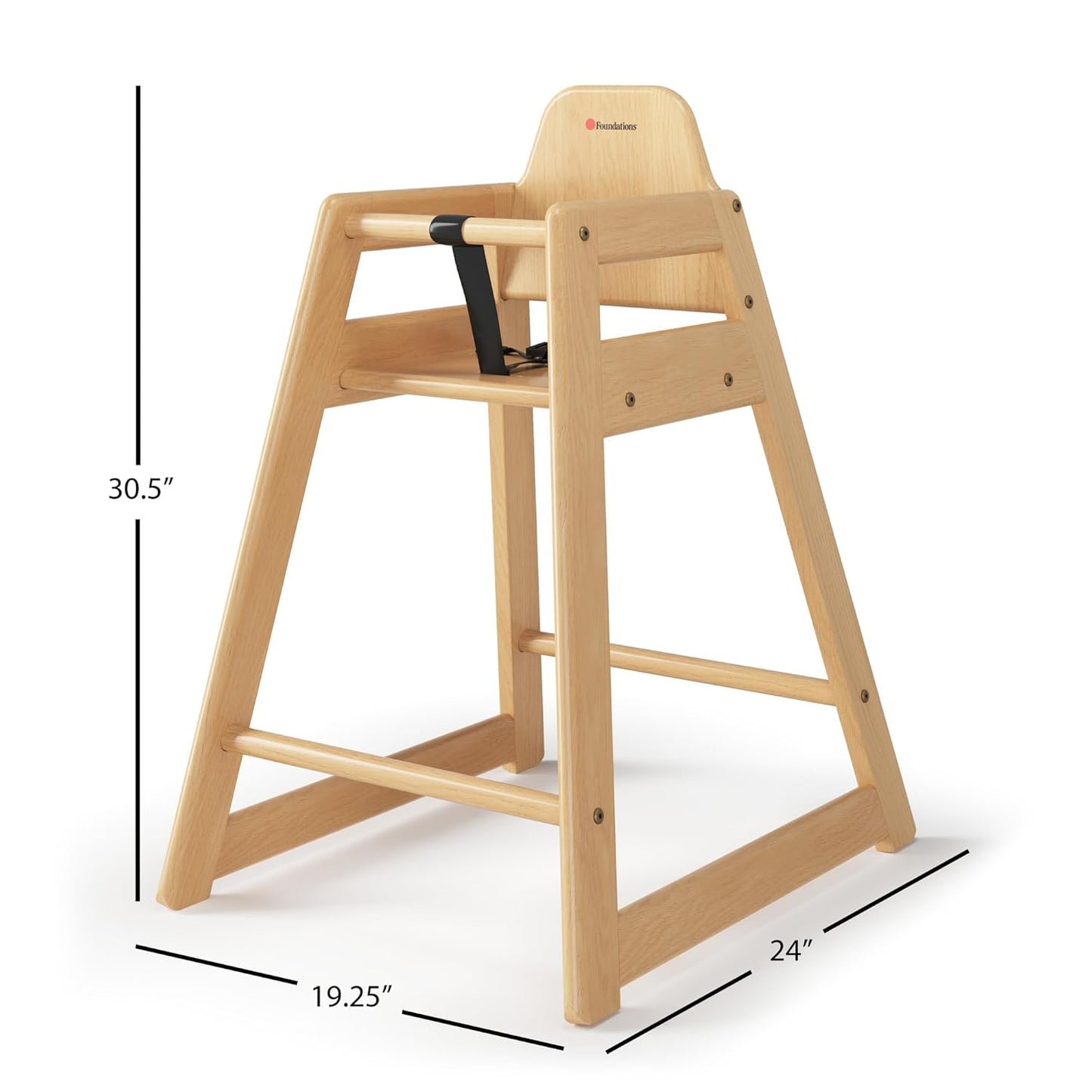 Foundations Neat Seat Wood Highchair for Restaurants, Easy to Clean, “No-tip” Feet, 3-point Safety Harness, Durable Hardwood, Small Footprint, Stackable (Natural)