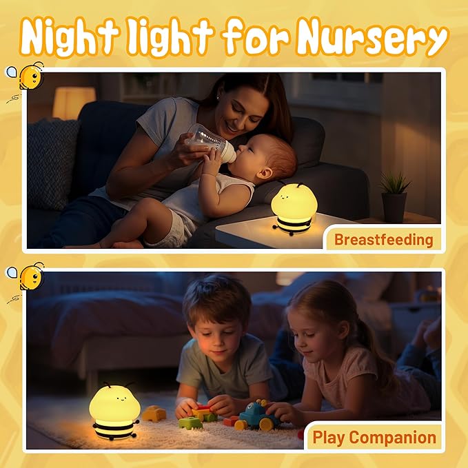 Attivolife Bee Night Light, Cute Bumble Bee Gift for Kid, Animal Silicone Nursery Lamp with 8 Color Light & Dimming & Timer, Rechargeable Bedroom Classroom Decor Birthday Xmas Gift for Girl Boy