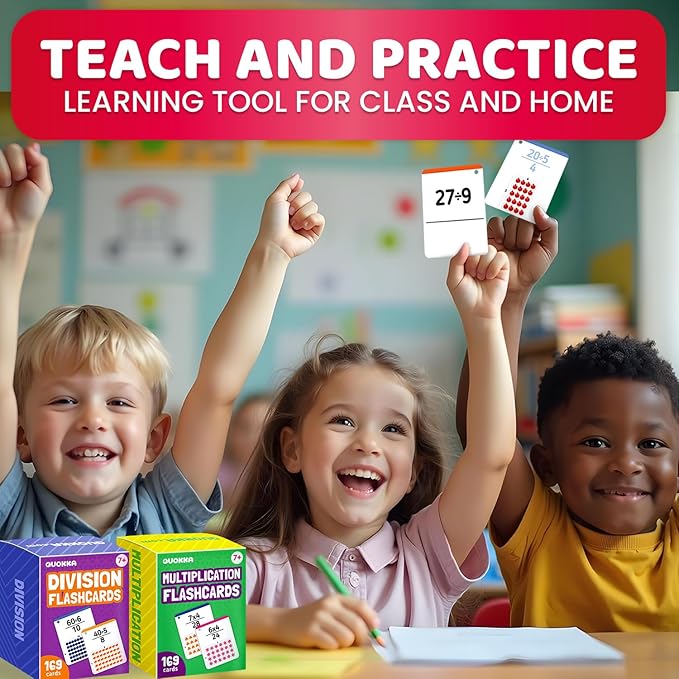 QUOKKA Multiplication and Division Flash Cards for Kids Ages 4-8 – 338 Math Flashcards for Kids 5-7 - Visual Aids | Sorting Rings | Reference Cards – Math Games 1st to 3rd Grade for Classroom & Home