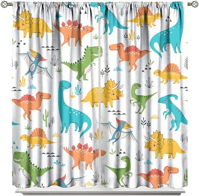 Kids Dinosaur Curtains for Boys Girls Bedroom Decor Cartoon Dino Colorful Cute Funny Animal Wildlife Printed Blackout Rod Pocket Window Drapes for Baby Nursery Playroom W27.5xL63in 2 Panels