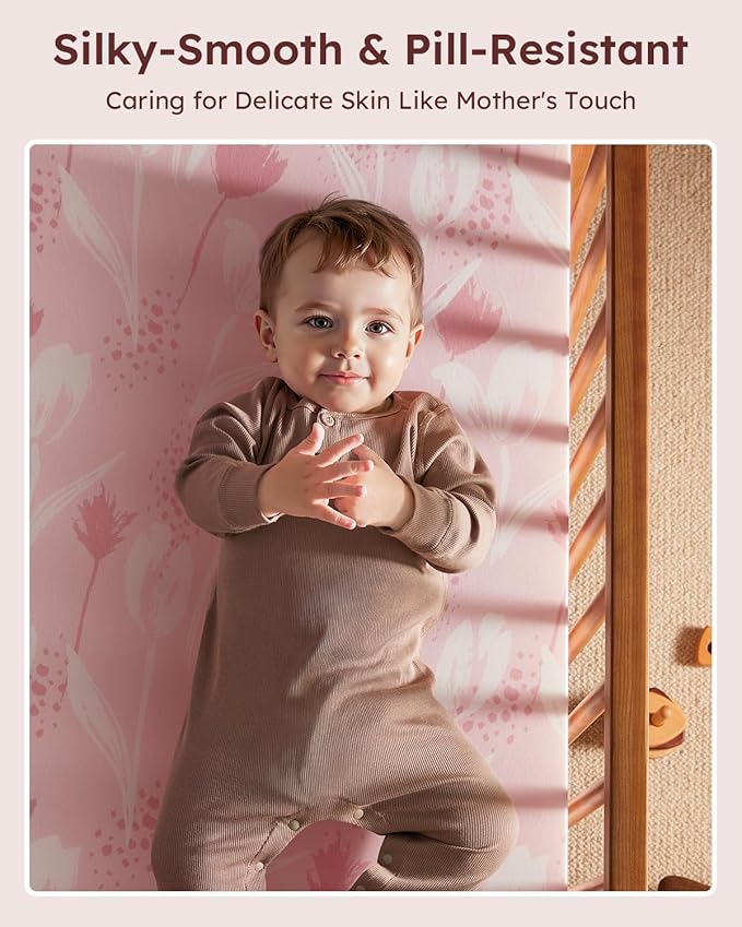 Baby Crib Sheets for Boys Girls, 28x52x8in Fitted Crib Sheet Neutral 3 Pack for Standard Crib and Toddler Mattress, Breathable Soft Microfiber Baby Sheet Pink Flowers & Leaf