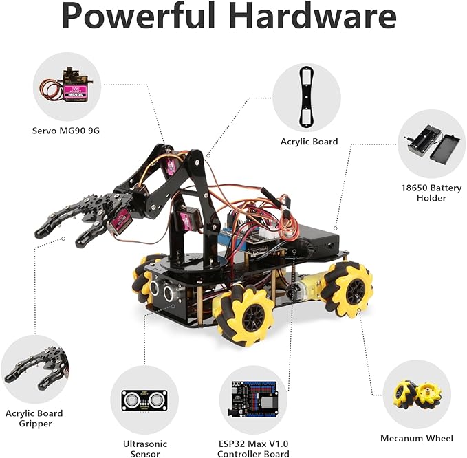 ACEBOTT Robot Arm Expansion Pack Smart Car Starter Kit, Robotics Kit for Kids Ages 8-12 12-16, STEM Toys Coding Robot Kit for Teens & Adults(QD007)