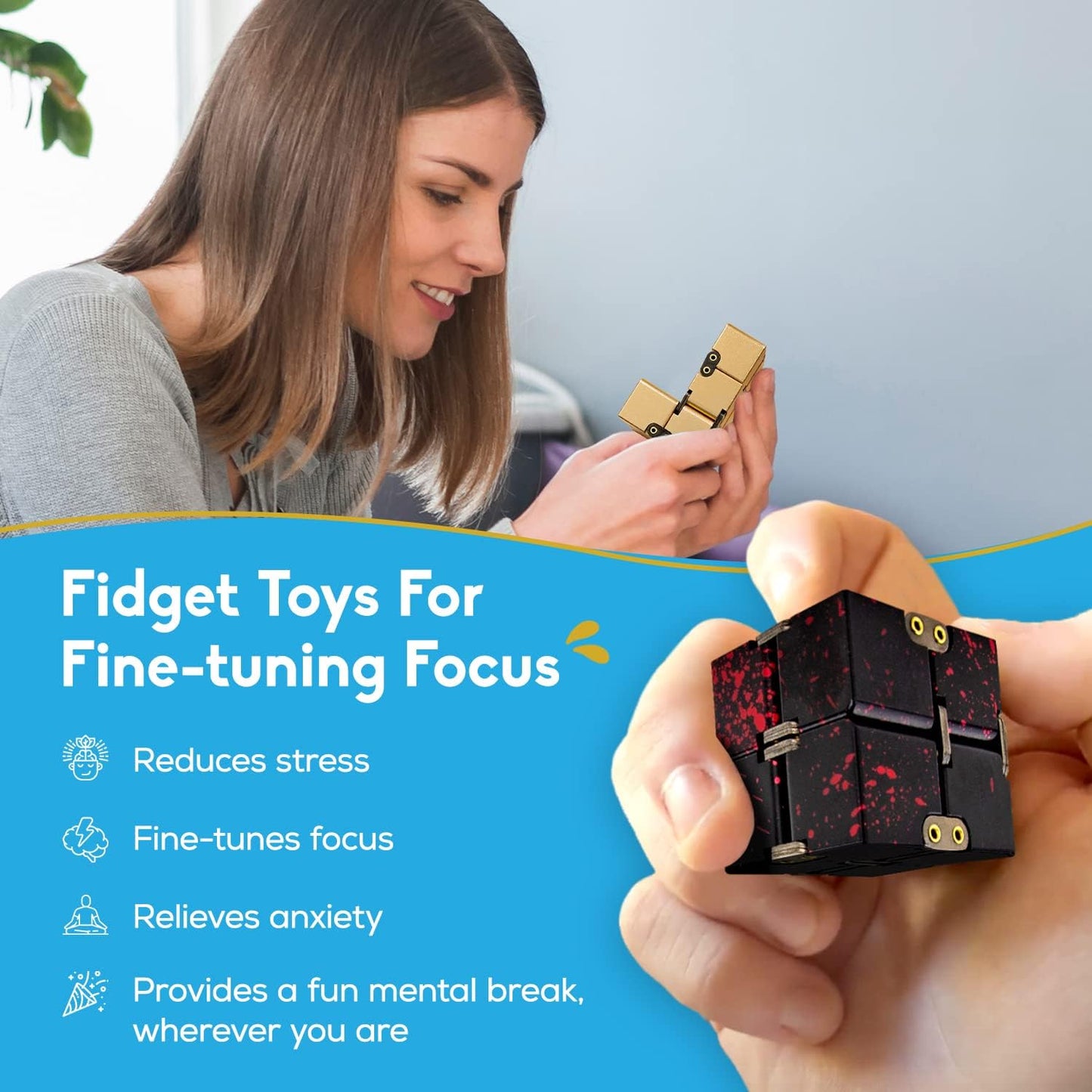 PILPOC theFube Infinity Cube Fidget Desk Toy - Aluminum Infinite Magic Cube with Case, Sturdy, Heavy, Relieve Stress and Anxiety, for ADD, ADHD, OCD (Blue)