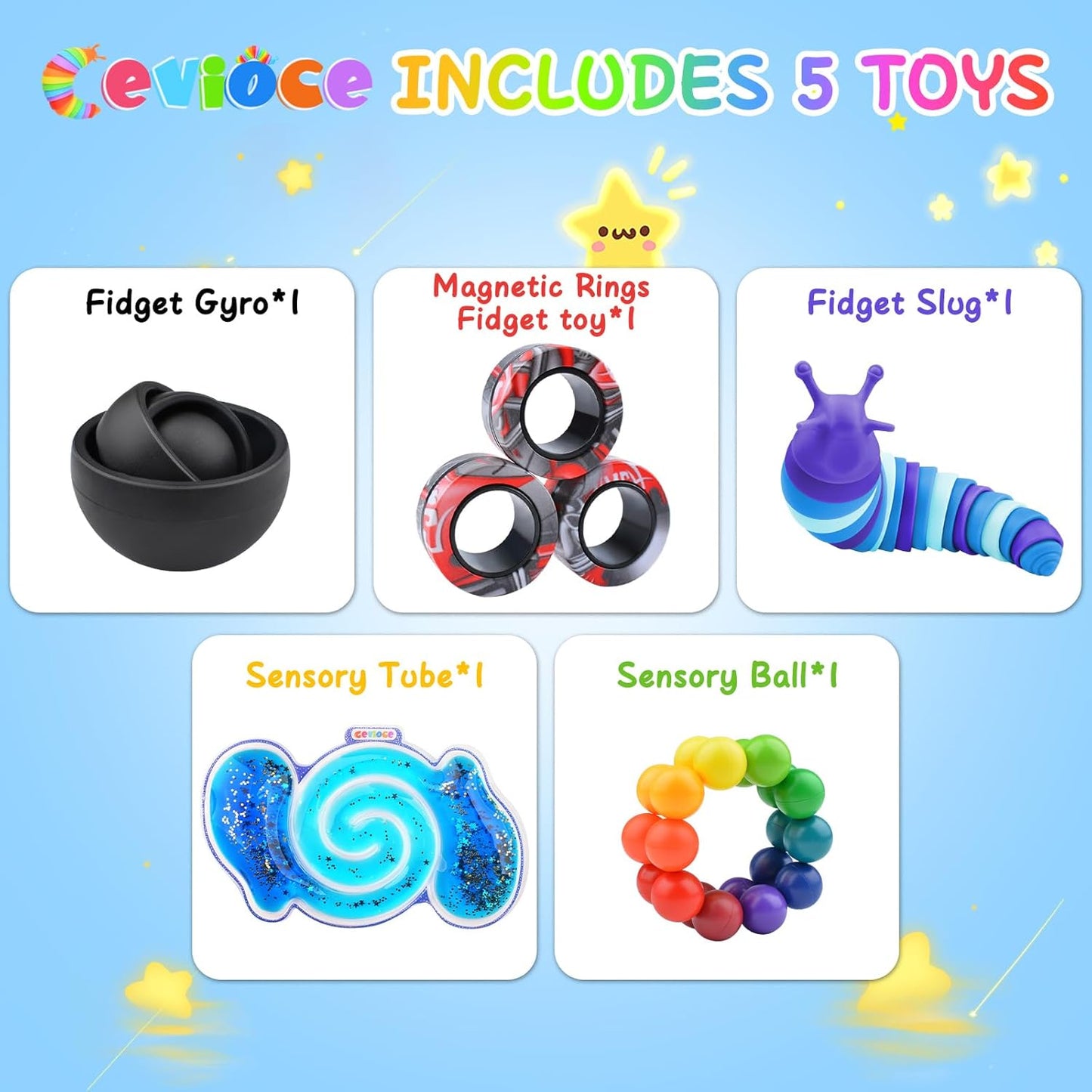 Cevioce 5Pcs Fidget Toys Adults Pack,Autism Sensory Toys with Fidget Spinner Slug Magnetic Rings,Squishy Figette Toys,Cool Gadget for Boys Teens ADHD Stress Relief,Basket Stuffers for Kids Christmas