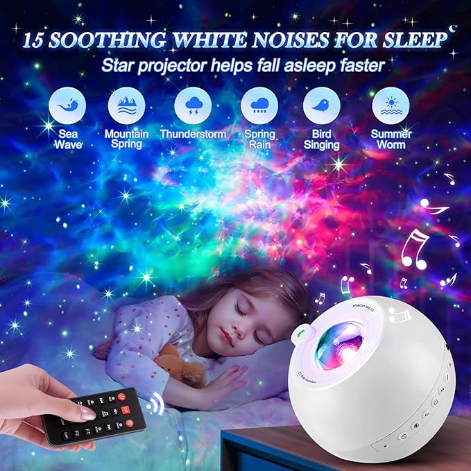 Star Projector Galaxy Light Projector ,15 Colors Star Lights for Ceiling Projector, 15 White Noises Galaxy Projector for Bedroom, Bluetooth+Remote+Timer Stars for Ceiling Projector Lights for Bedroom
