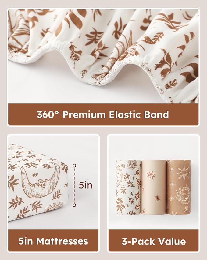 Pack and Play Sheets Fitted 3 Pack, Mini Crib Sheets for Pack N Play Mattress Stretchy Portable Playard Sheets, Soft Breathable White Brown Sun God
