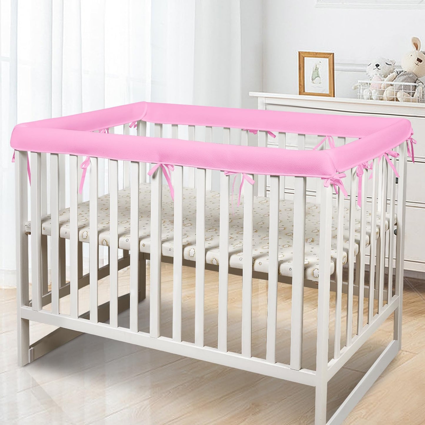 3 in 1 Breathable Crib Rail Covers for Life Size Cribs,White Soft Anti-Collision Strip Corner Covers,Protect Baby Teeth and Save Crib Rails, Rail Edge Protector Strip (Pink-4pc)