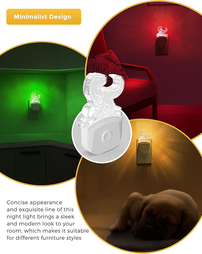 LOHAS Dinosaur Night Light for Boys, Kids Nightlight Plug in, Dusk-to-Dawn, Velociraptor LED Night Lights Plug into Wall, RGB+Soft White 3000K, 3 Lighting Modes, Ideal for Nursery Room, Bedroom Decor