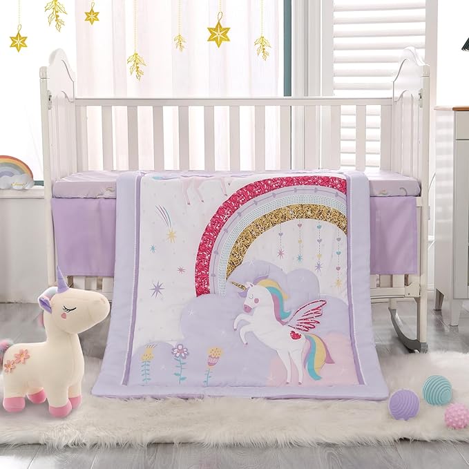 Wowelife Unicorn Crib Bedding Set 3 Pieces Baby Girl Crib Bed Set Crib Comforter Set for Girls Nursery Bedding Set Purple Include Baby Comforter, Skirt and Sheet, Purple