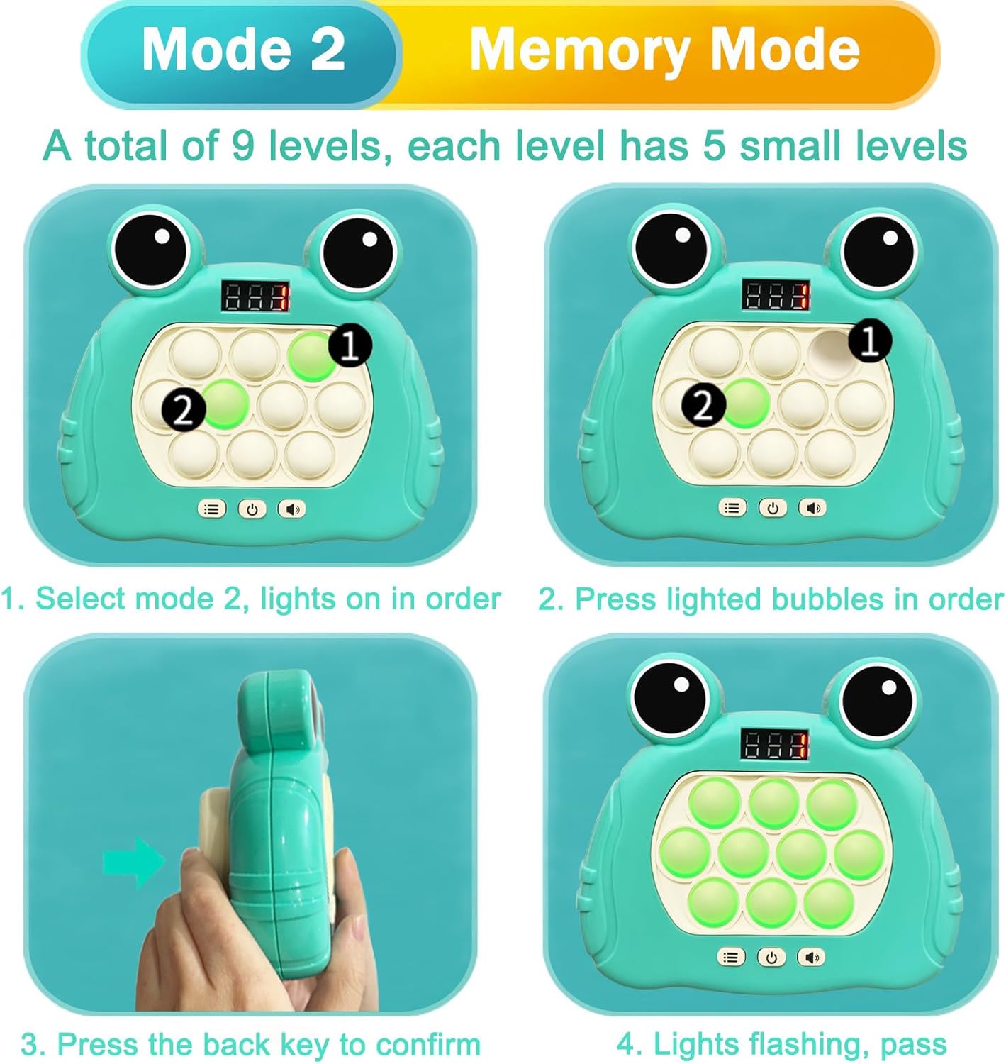 Pop Quick Push Game Light Up Fidget Toys Handheld Puzzle Press Popping Game Console for Kids Ages 3+ Adult Green Frog