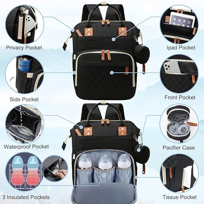 Diaper Bag Backpack Baby Bag, Baby Girl Boy Diaper Bag for Dad Mom with Pad, 16 Pockets, Pacifier Case, Large Diaper Bags Unisex for Travel (Black)