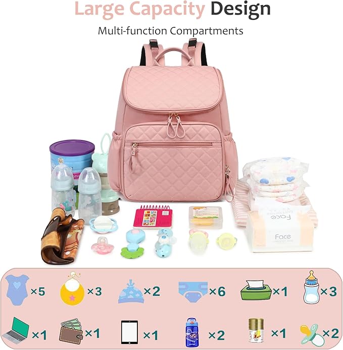 Large Capacity Diaper Bag Backpack with Stroller Buckle, Water-Resistant Travel Baby Bag with Insulated Pockets (Classic, Pink)