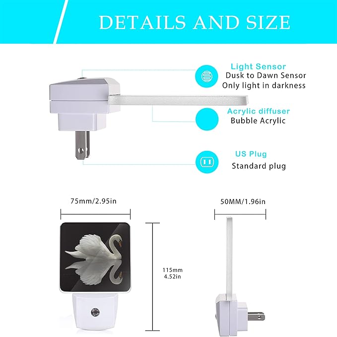 White Swan Night Light,Water Reflection Night Lights 0.5W Sleep Friendly for Boys Girls Led Night Light Dusk to Dawn Sensor Nightlight for Stairway/Hallway/Kitchen