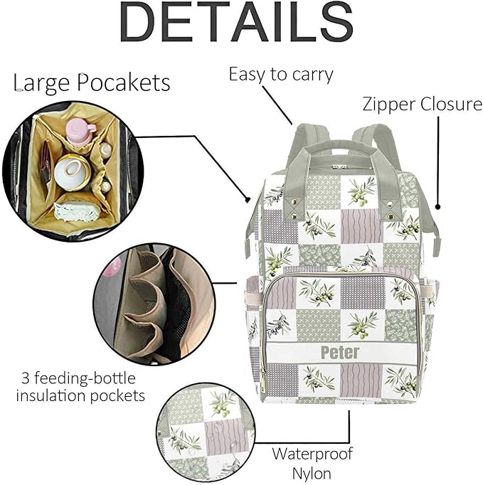 Personalized Olive Diaper Bag with Name – Custom Baby Bag, Nursing Tote Backpack for Mom, Custom Name Mommy Daypack, Shower Gift for Baby
