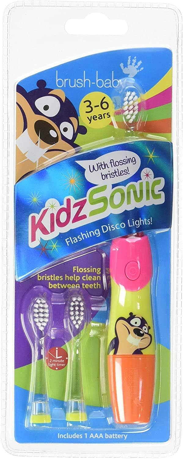 Brush Baby KidzSonic Toddler and Kid Electric Toothbrush for Ages 3+ Years - Disco Lights, Gentle Vibration, and Smart Timer Provide a Fun Brushing Experience - (3) 3+ yrs Brush Heads Included (Pink)