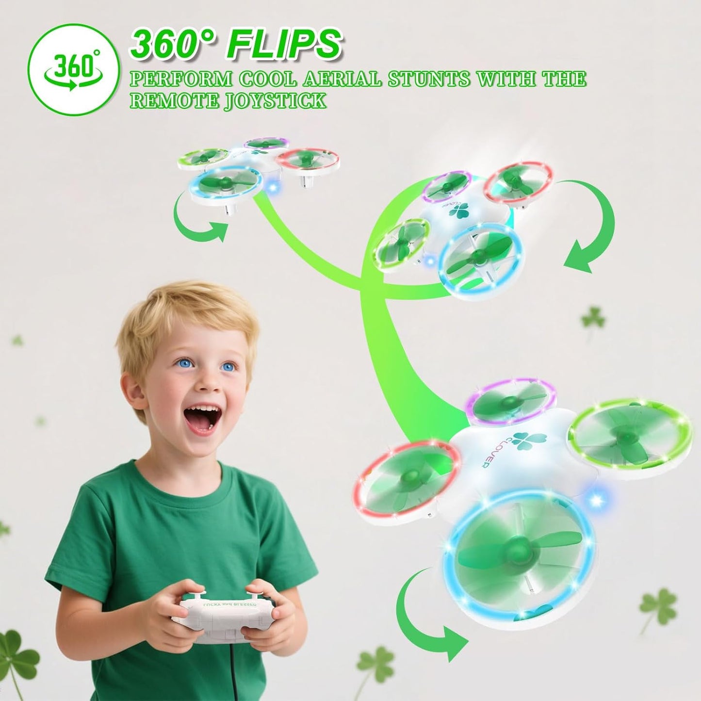 Clover Mini Drone for Kids – Beginner-Friendly LED Quadcopter with Dual Modular Batteries, Easy to Fly, Altitude Hold, One-Key Takeoff, 360 Flips – Gift for Boys & Girls Age 6+