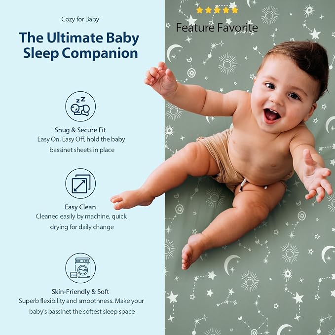 Baby Bassinet Sheets Girl Boy, Fitted Bassinet Sheet Set 3 Pack Bassinet Mattress Sheets Universal Fit for Rectangle, Round, Oval, Hourglass Mattress, Soft Breathable Green Gray Constellation