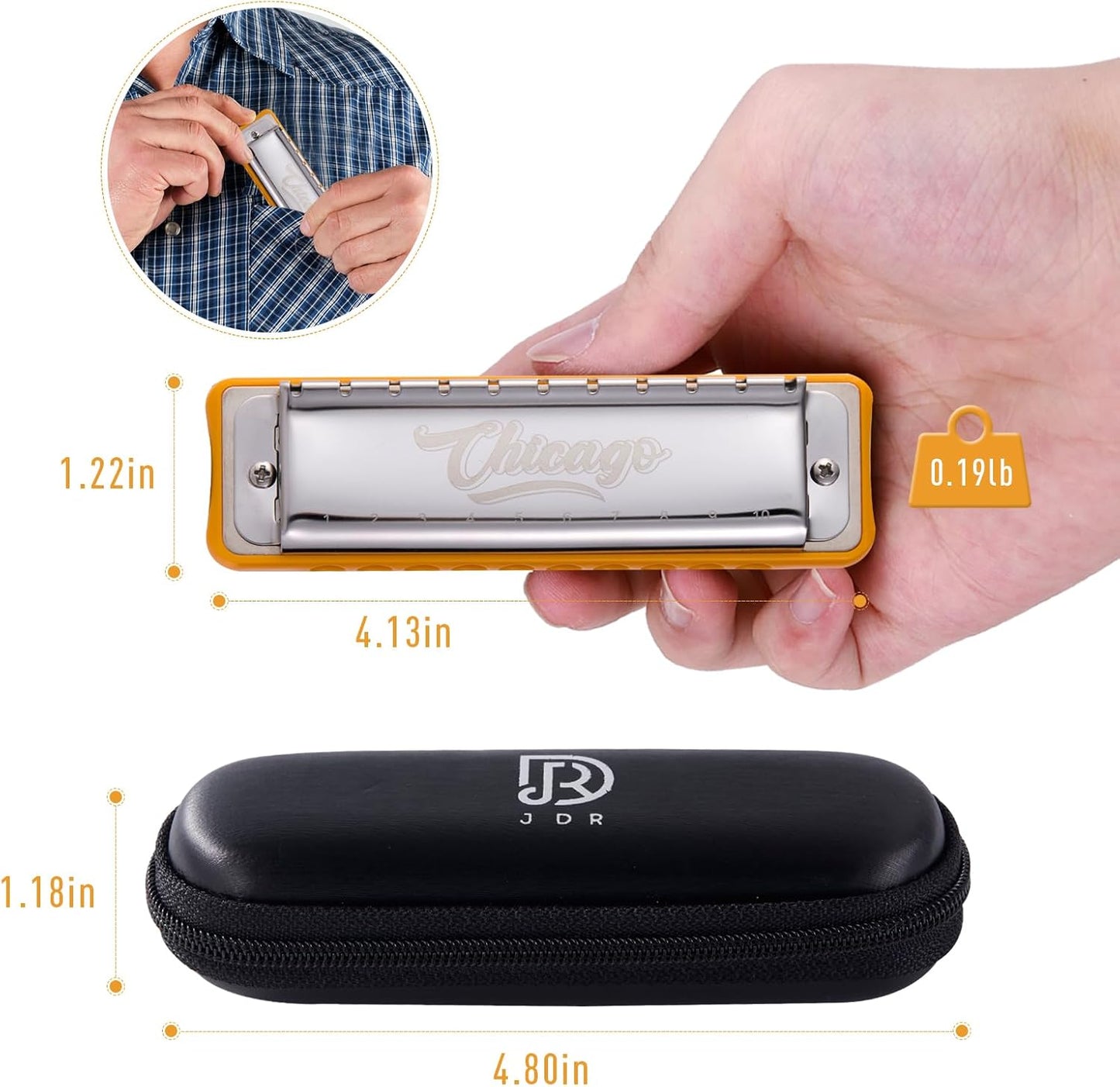 Harmonica JDR Blues key of E 10 Holes 20 Tones Harps Armonica for Adults Kids Professional Beginners Mini Mouth Organ with Case Chicago